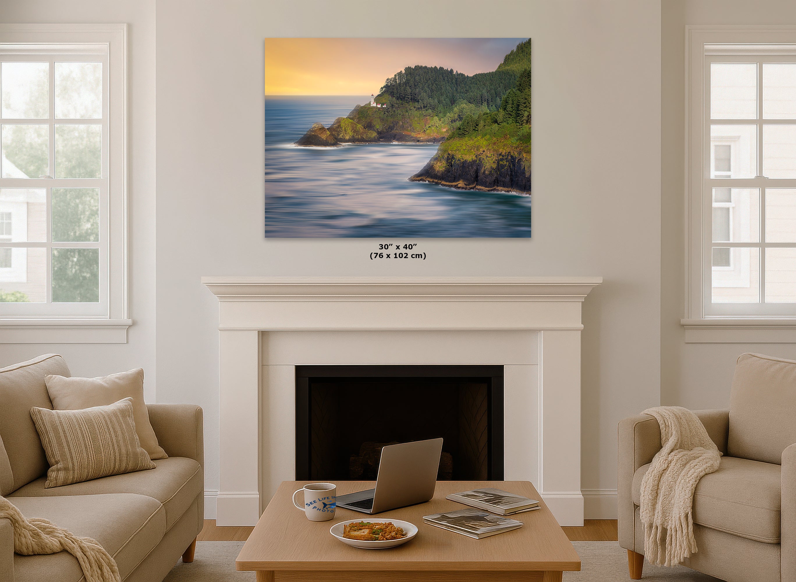 Haceta Head Lighthouse Picture, Oregon Coastline Ocean Picture, Pacific Northwest Beach Photo Framed Coastal Decor for Ocean Lovers