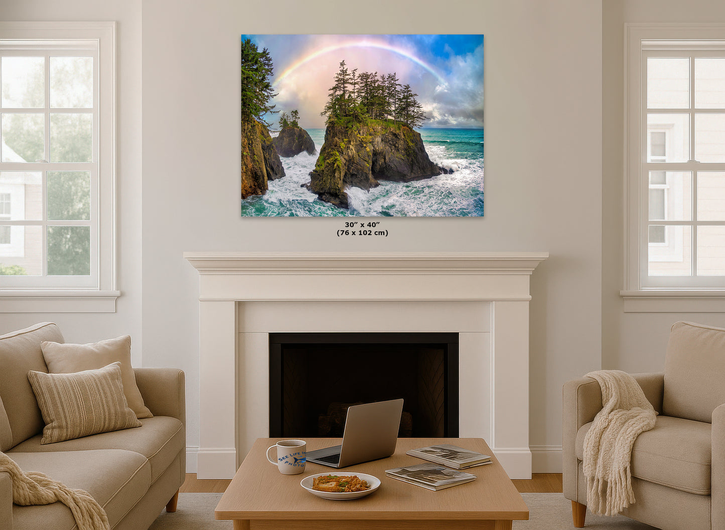 Oregon Coast Ocean Picture, Pacific Northwest Rainbow Nature Photo Relaxation Artwork for Meditation, Apartment, Office & House Decor