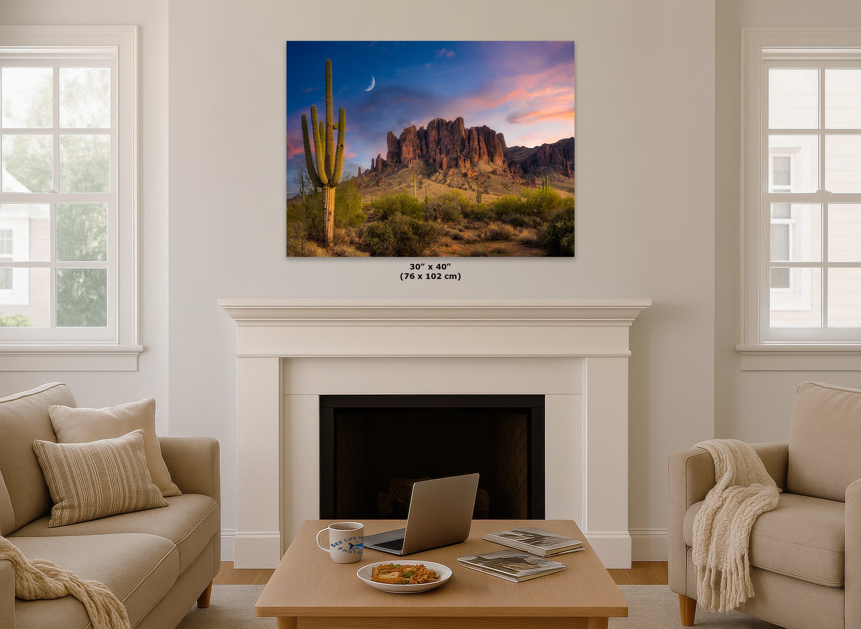 Arizona Desert Picture Sunset, Saguaro Cactus Artwork Nature Photo, Southwestern Wall Art of Superstition Mountains at Lost Dutchman State Park