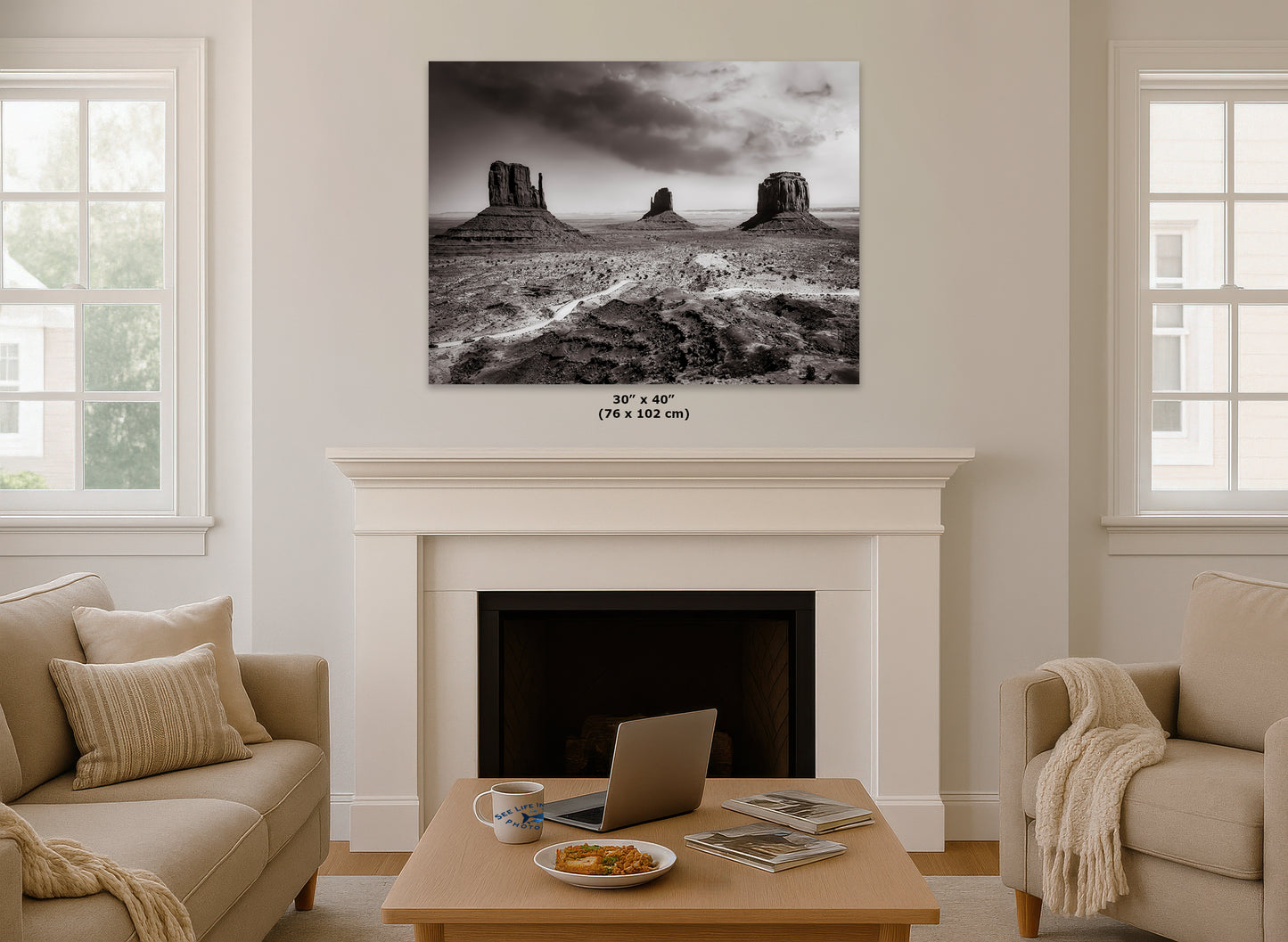 Monument Valley Arizona Desert Picture, Black and White Nature Photo, Bohemian Style Relaxation Artwork for Meditation, Apartment, Office & House Decor