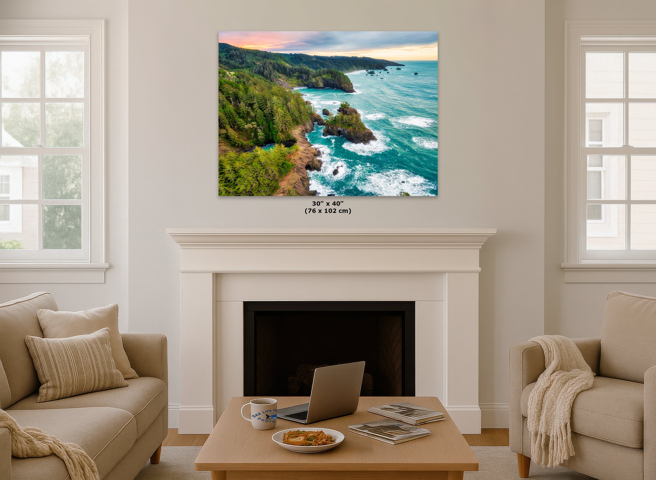 Oregon Coast Ocean Picture, Pacific Northwest Sunrise Nature Photo Relaxation Artwork for Meditation, Apartment, Office & House Decor