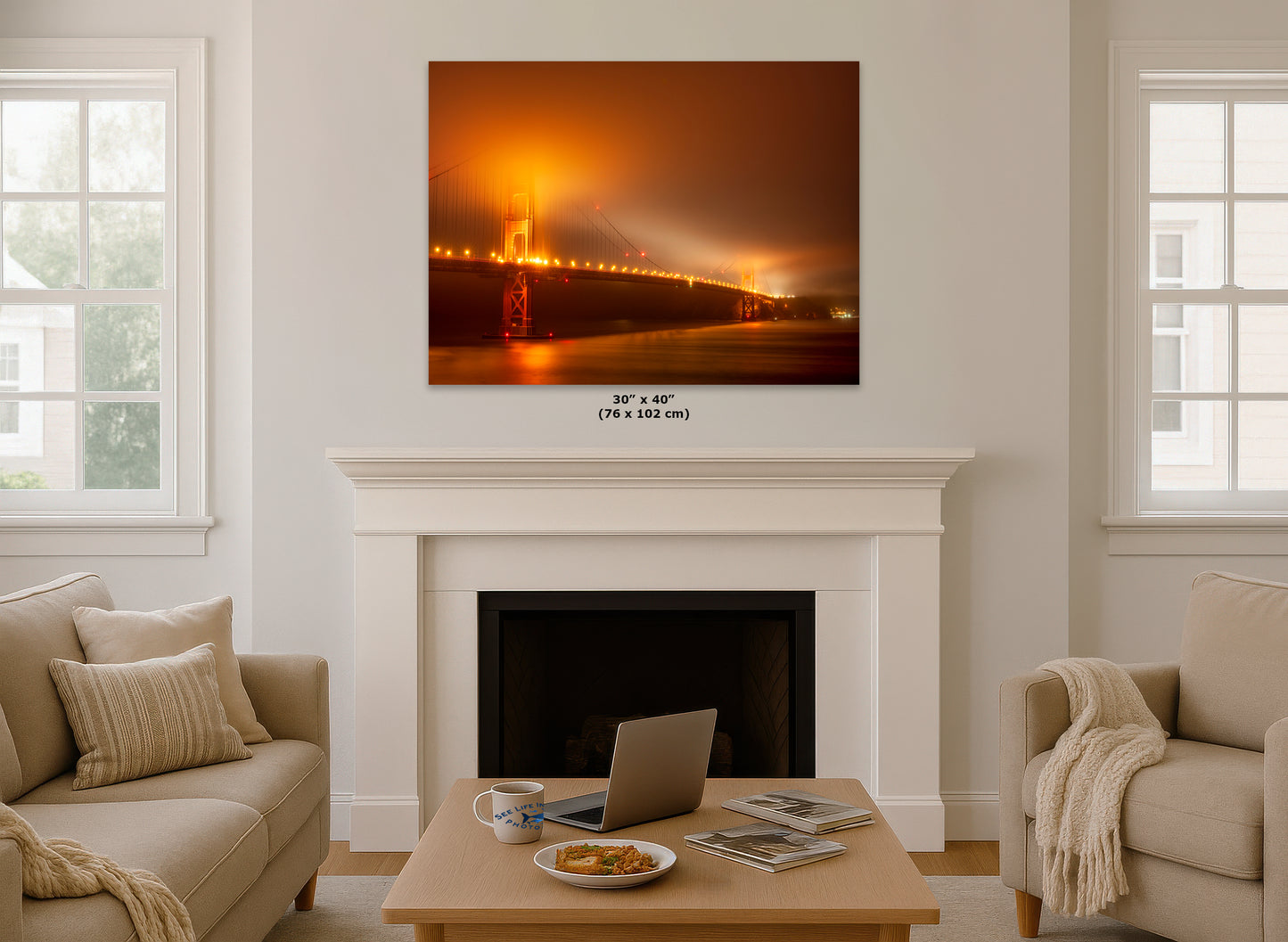 San Francisco Golden Gate Bridge Picture Foggy Night Wall Art | Fine Art Print for House Decor, Office, Dorm, Meditation, Relaxation Artwork