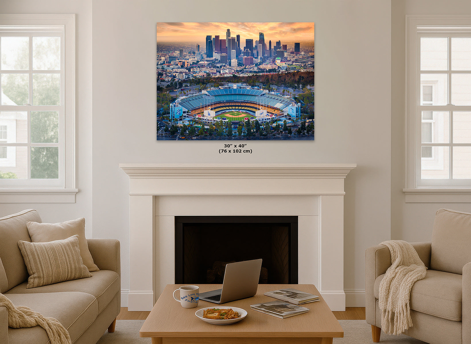 30x40 inch print of Dodger Stadium and the Los Angeles skyline displayed above a white fireplace mantel, baseball wall art