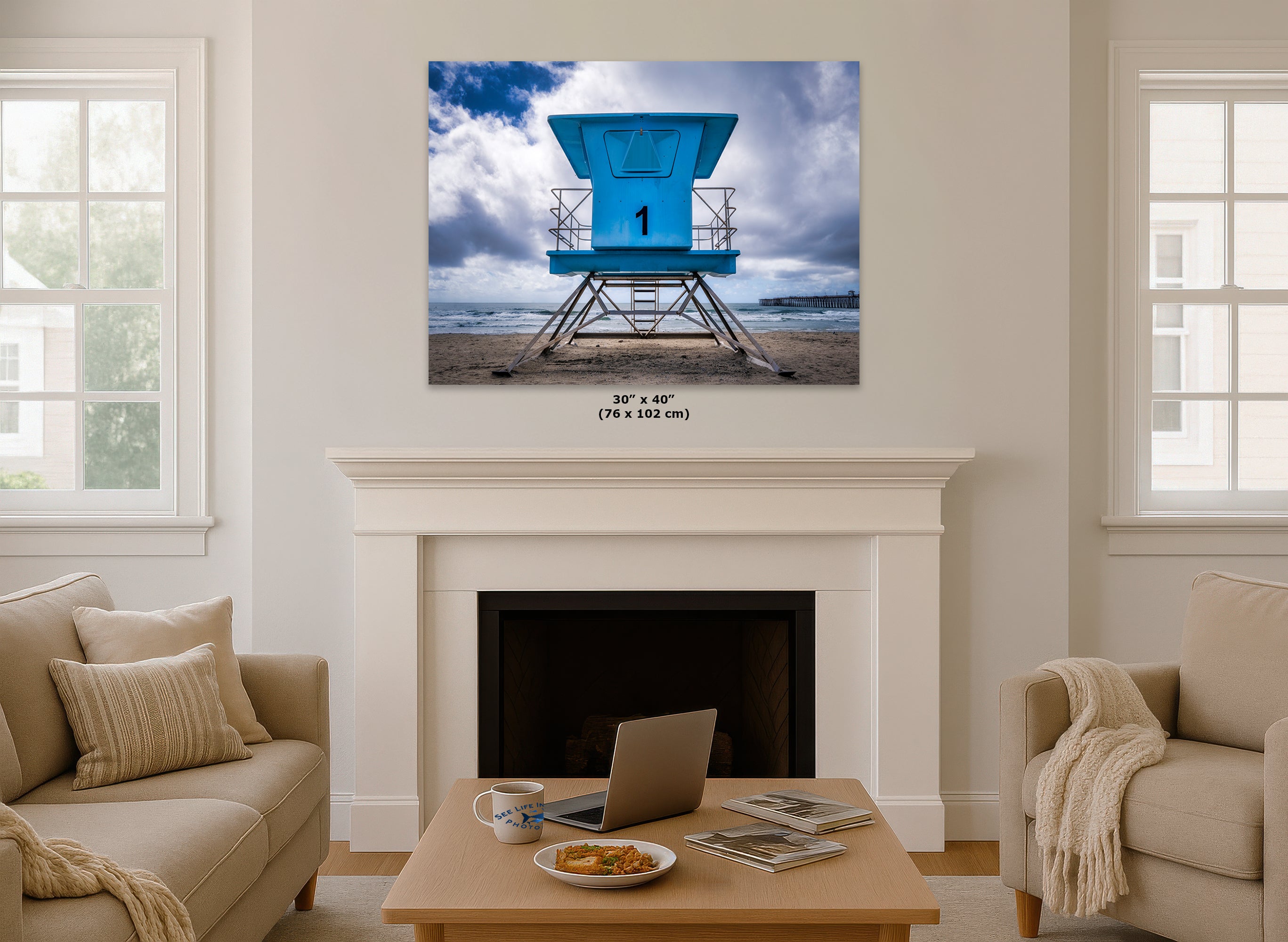Southern California Coastline Lifeguard Tower Ocean Picture, Oceanside Pier Relaxation Artwork for Meditation, Office, Dorm, and House Decor