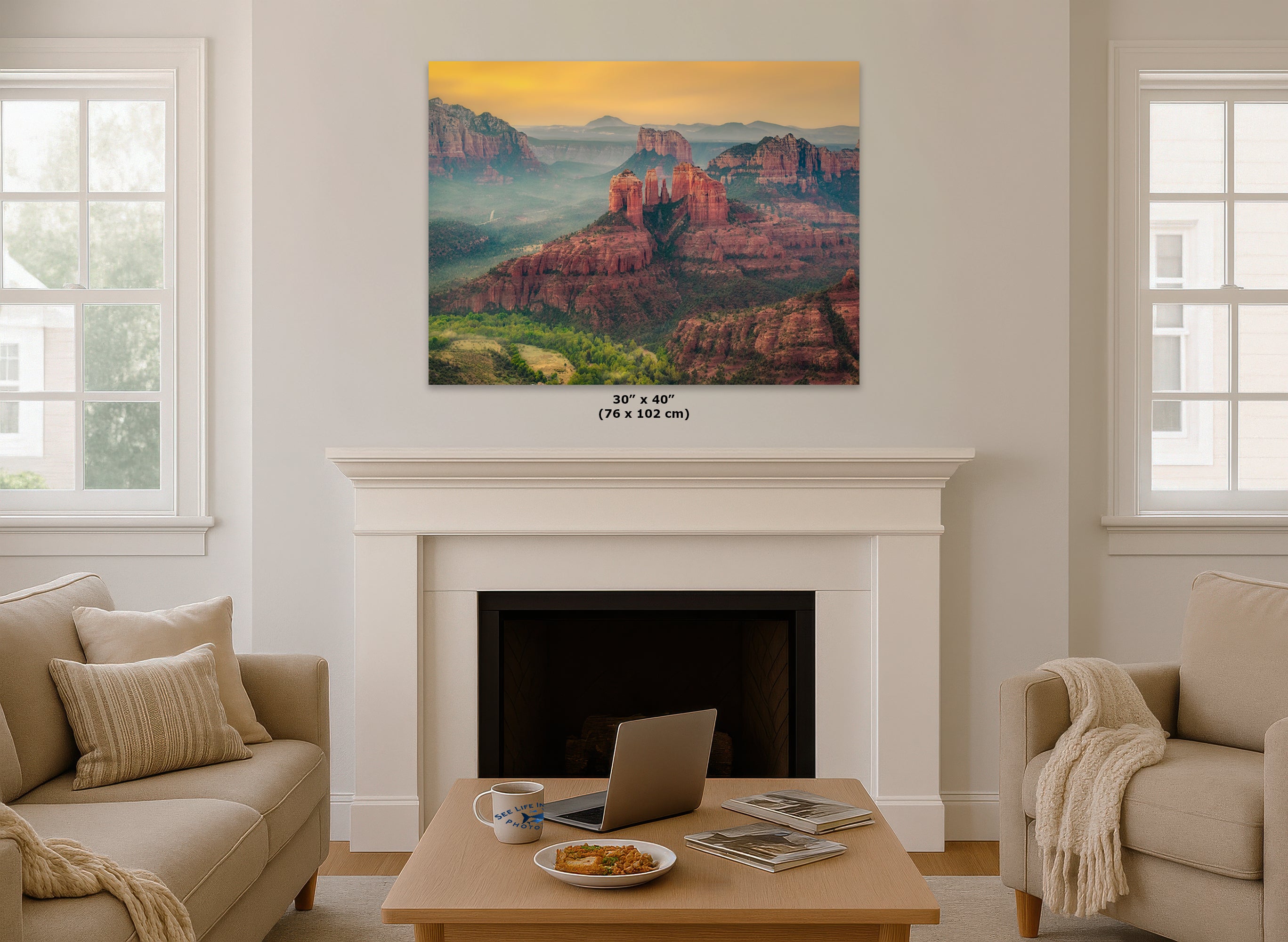 Cathedral Rock Aerial Sunrise, Sedona Arizona Desert Picture Nature Photo Relaxation Artwork for Meditation, Office, and House Decor