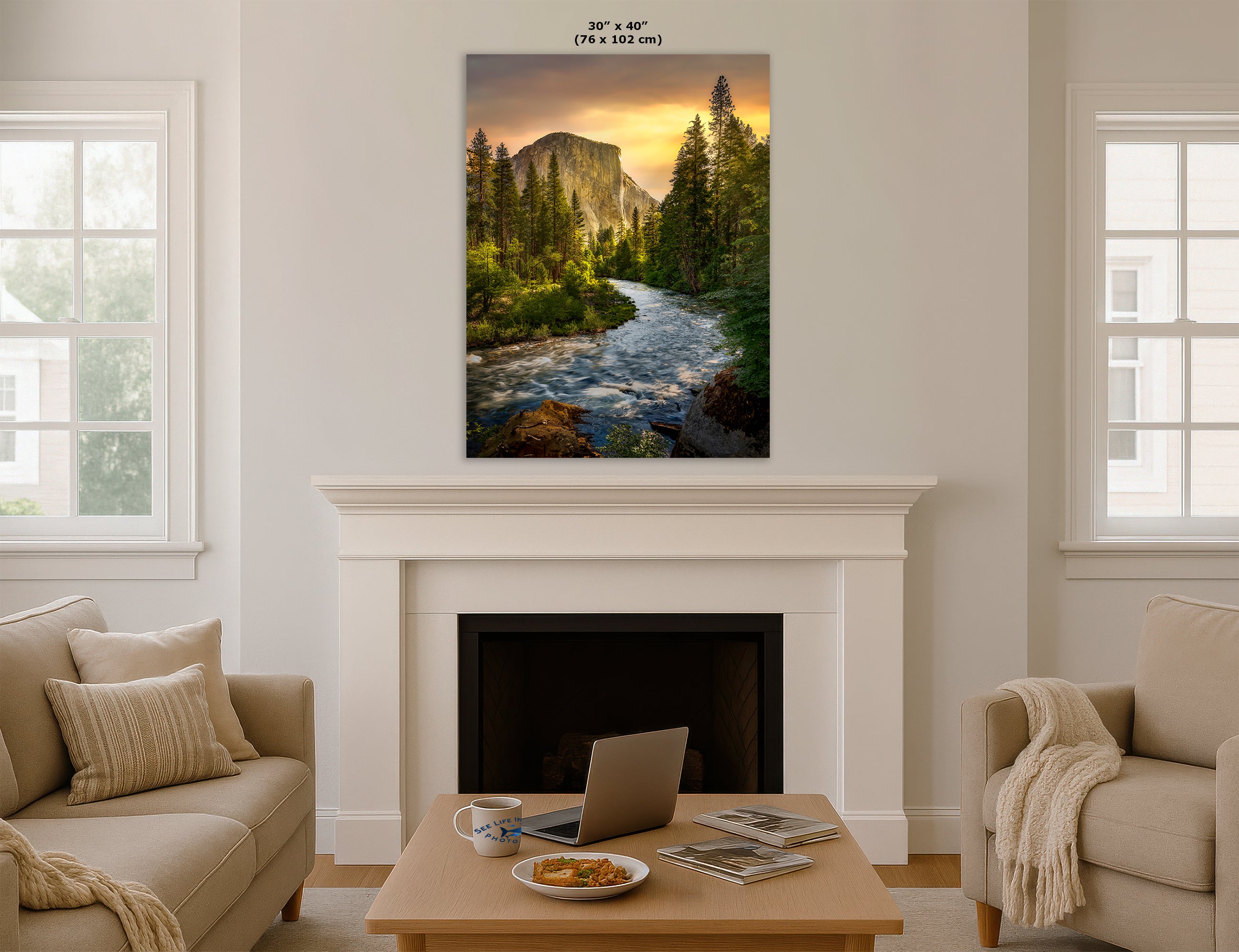 El Capitan Yosemite National Park Nature Photo with Merced River, Granite Mountain Picture Relaxation Artwork for Meditation, Dorm, Office, or House Decor