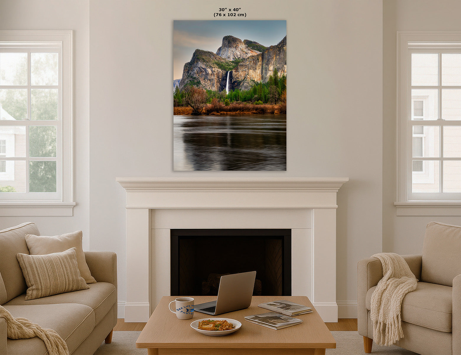 30x40 inch fine art nature photography print of Yosemite's Bridalveil Fall displayed above a white fireplace mantel