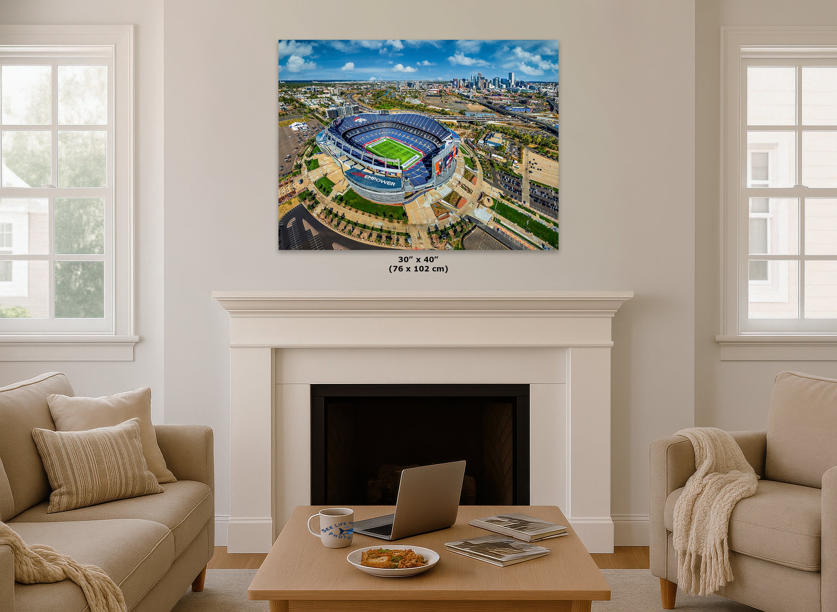 Denver Broncos Football, Mile High Stadium Denver Colorado Skyline Print Sports Decor, Man Cave Art