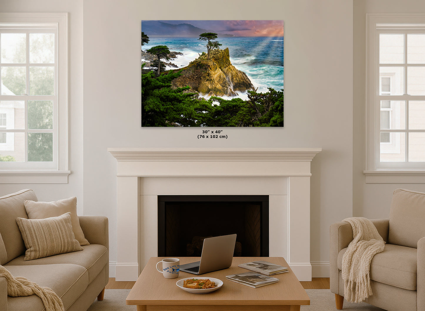 Lone Cypress Monterey Bay California Coastline Ocean Picture Nature Photo Relaxation Artwork for Meditation, Office, Dorm, House Decor