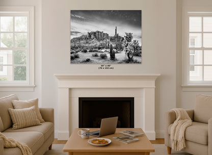 Arizona Desert Picture in Black and White, Saguaro Cactus Artwork Nature Photo, Southwestern Wall Art of Superstition Mountains at Lost Dutchman State Park