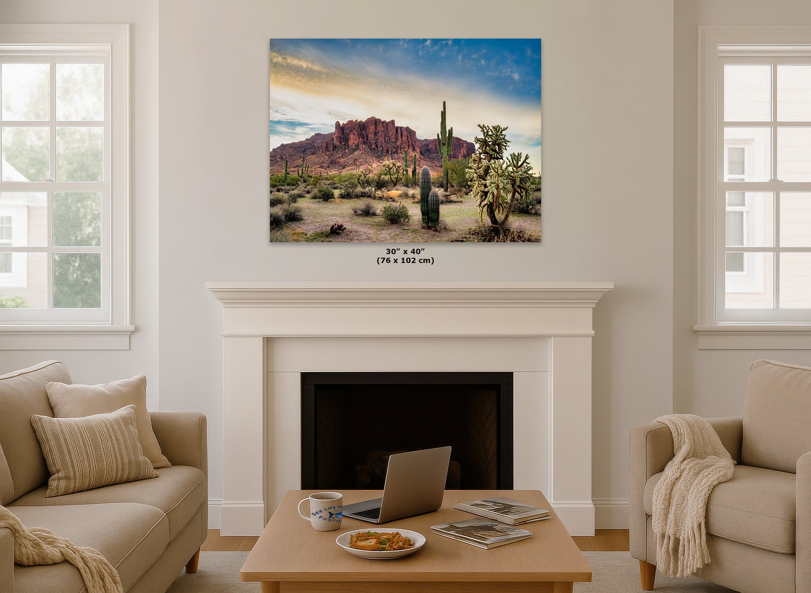 Arizona Desert Picture Wall Art Saguaro Cactus Artwork Nature Photo, Southwestern Wall Art of Superstition Mountains at Lost Dutchman State Park