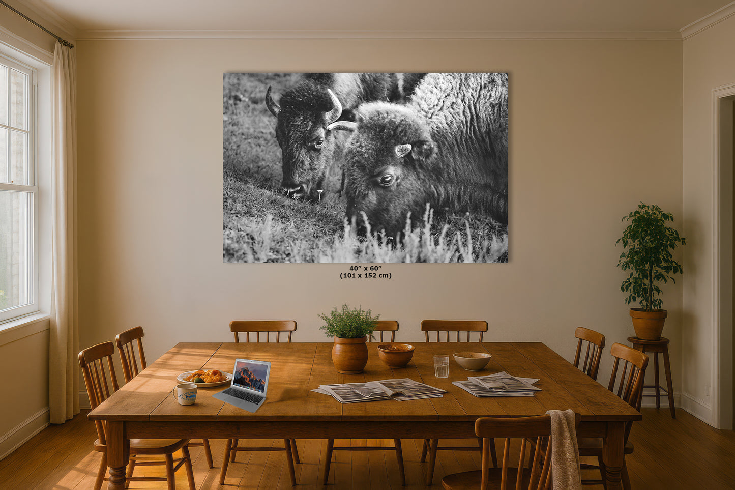 Grazing Buffalo Artwork Wildlife Photography, Black and White Bison Wall Decor, Rustic Cabin Animal Print, Nature Wall Art for Home or Office