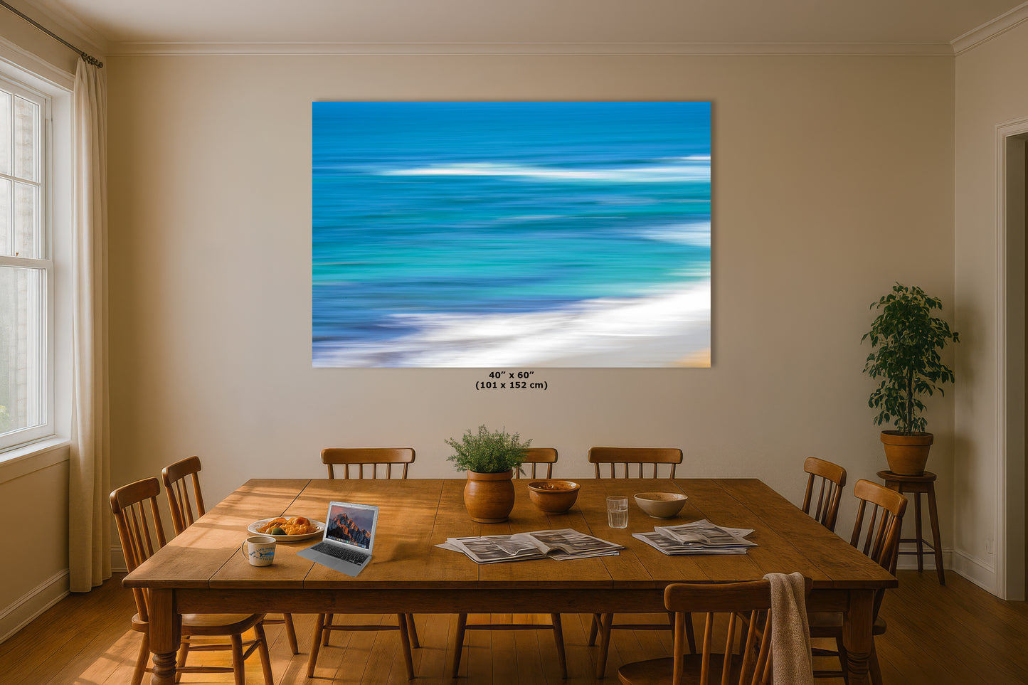 Bright Beach Waves Ocean Picture Impressionist Art Nature Photo, Relaxation Artwork for Coastal Meditation, Office, and House Decor