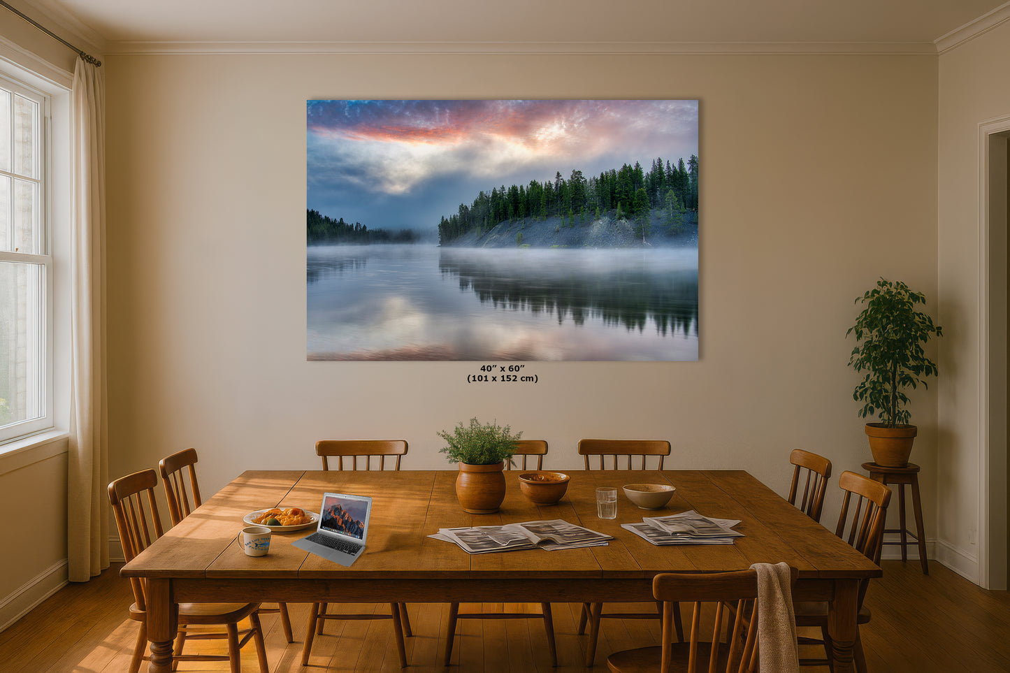 Yellowstone Lake Foggy Forest Picture, Reflection Nature Photo, Wyoming Landscape Relaxation Artwork for Meditation, Office & Home Decor