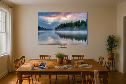 Yellowstone Lake Foggy Forest Picture, Reflection Nature Photo, Wyoming Landscape Relaxation Artwork for Meditation, Office & Home Decor