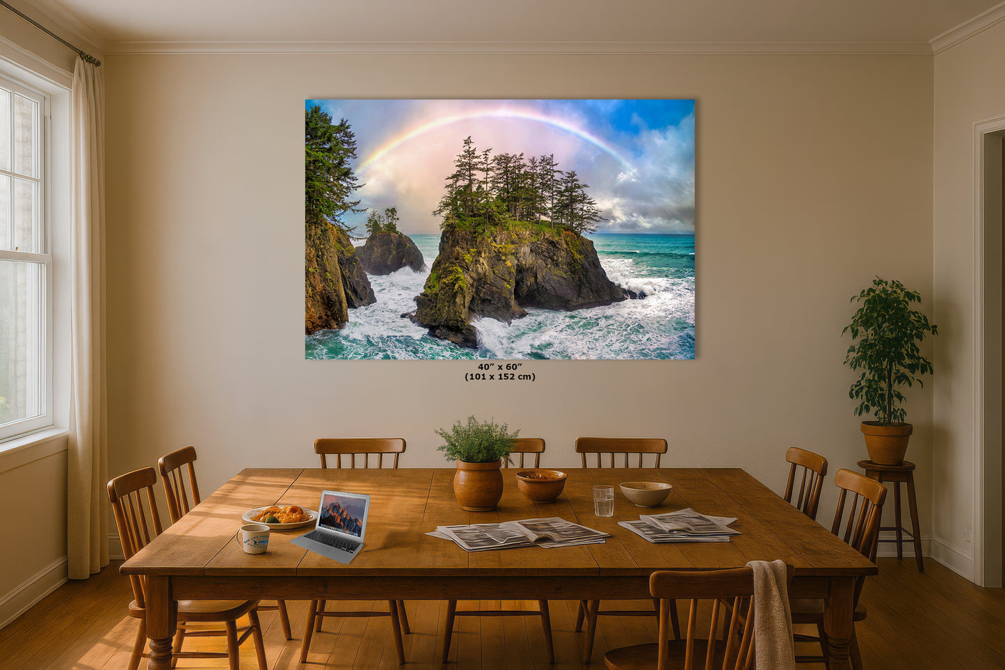 Oregon Coast Ocean Picture, Pacific Northwest Rainbow Nature Photo Relaxation Artwork for Meditation, Apartment, Office & House Decor