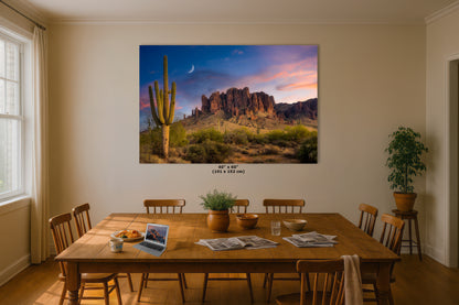 Arizona Desert Picture Sunset, Saguaro Cactus Artwork Nature Photo, Southwestern Wall Art of Superstition Mountains at Lost Dutchman State Park