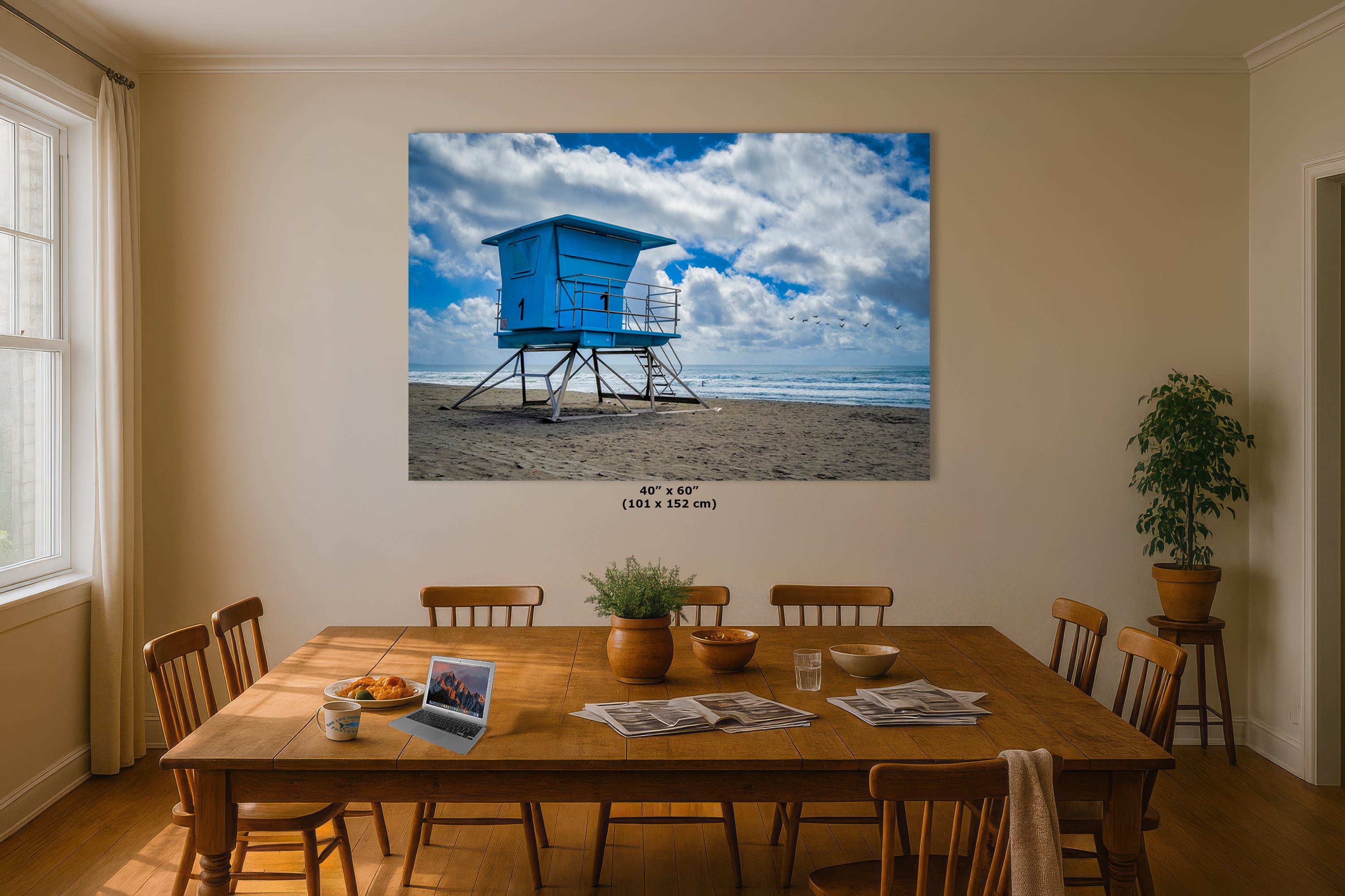 Southern California Coastline Lifeguard Tower Ocean Picture, Oceanside Relaxation Artwork for Meditation, Office, Dorm, and House Decor