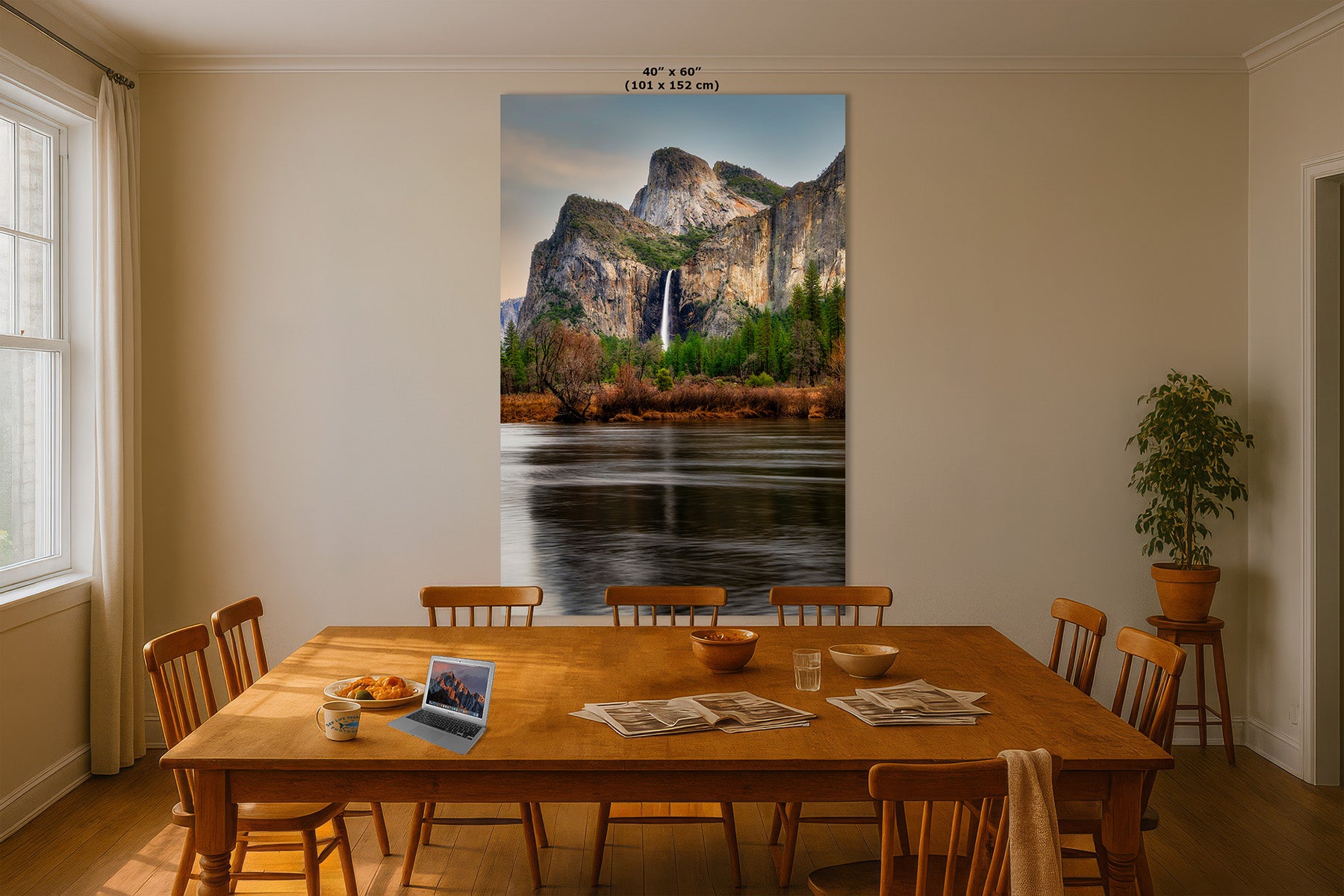 40x60 inch fine art nature photography print of Yosemite Valley and Bridalveil Fall above a wooden dining table