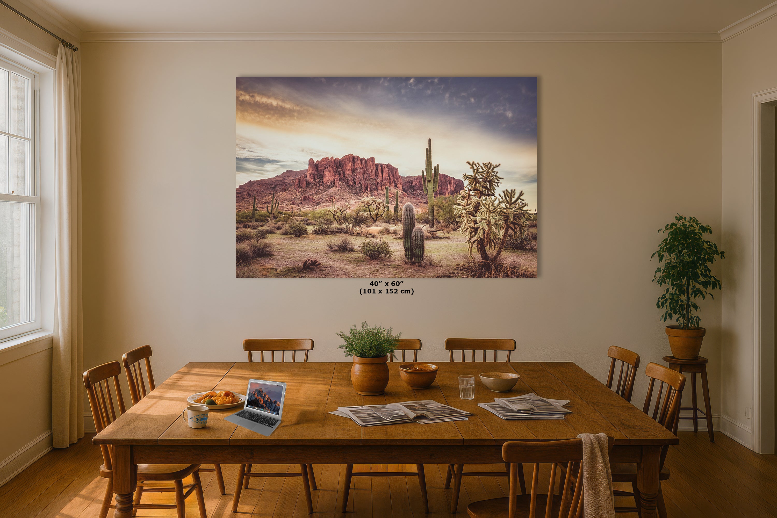 Arizona Desert Picture, Vintage Saguaro Cactus Artwork Nature Photo, Southwestern Wall Art of Superstition Mountains at Lost Dutchman State Park