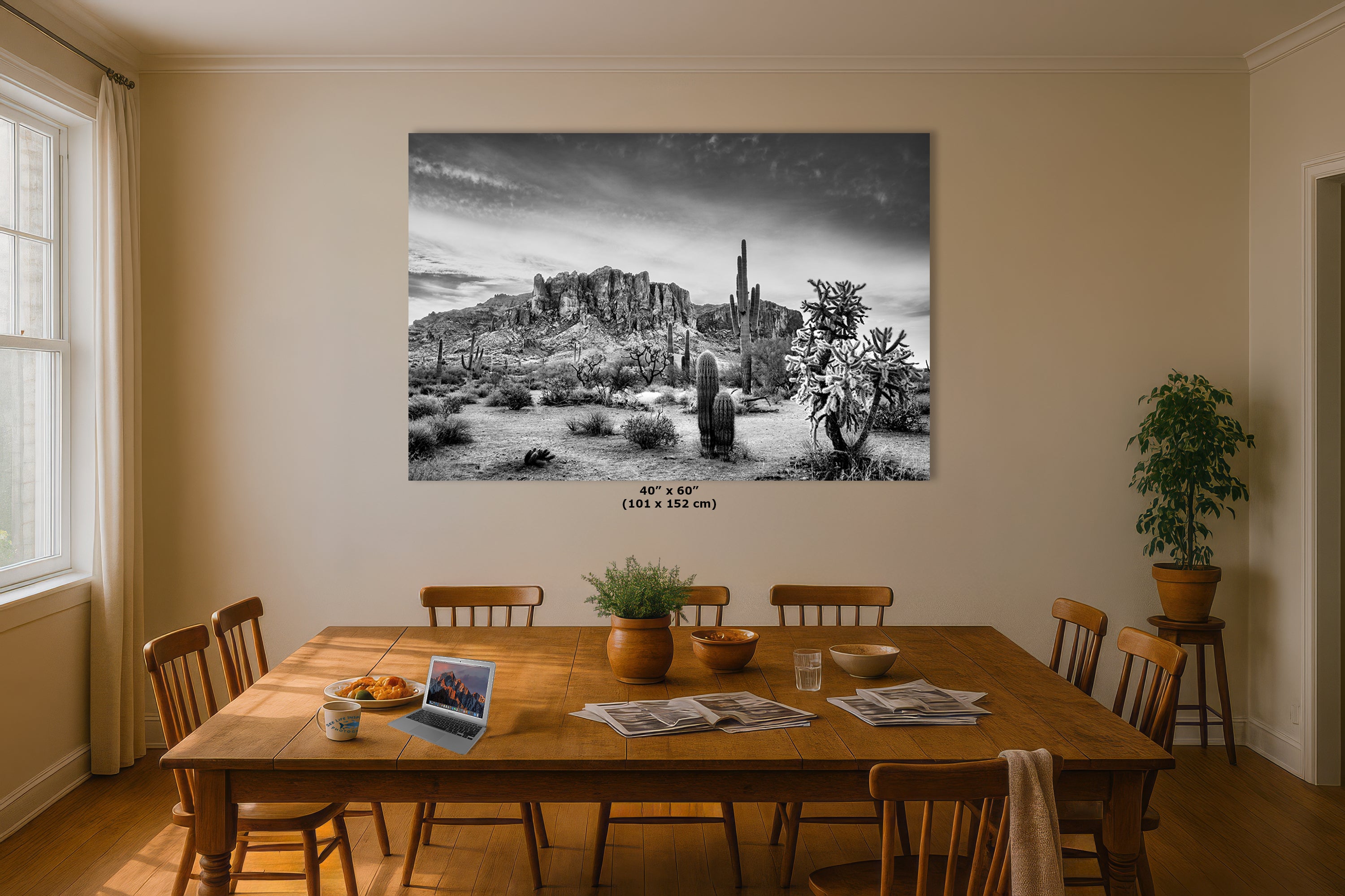 Arizona Desert Picture in Black and White, Saguaro Cactus Artwork Nature Photo, Southwestern Wall Art of Superstition Mountains at Lost Dutchman State Park