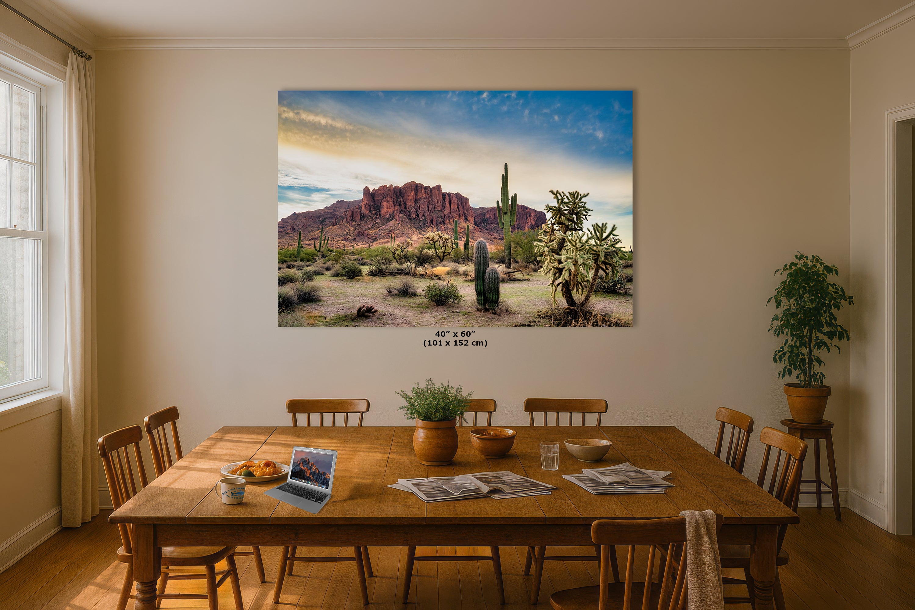 Arizona Desert Picture Wall Art Saguaro Cactus Artwork Nature Photo, Southwestern Wall Art of Superstition Mountains at Lost Dutchman State Park