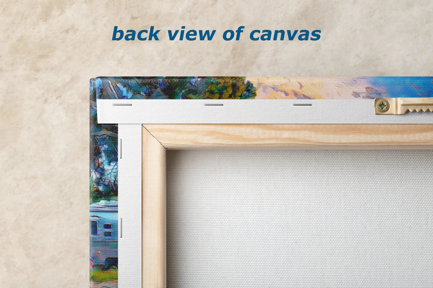 the back view of a picture frame with a painting on it