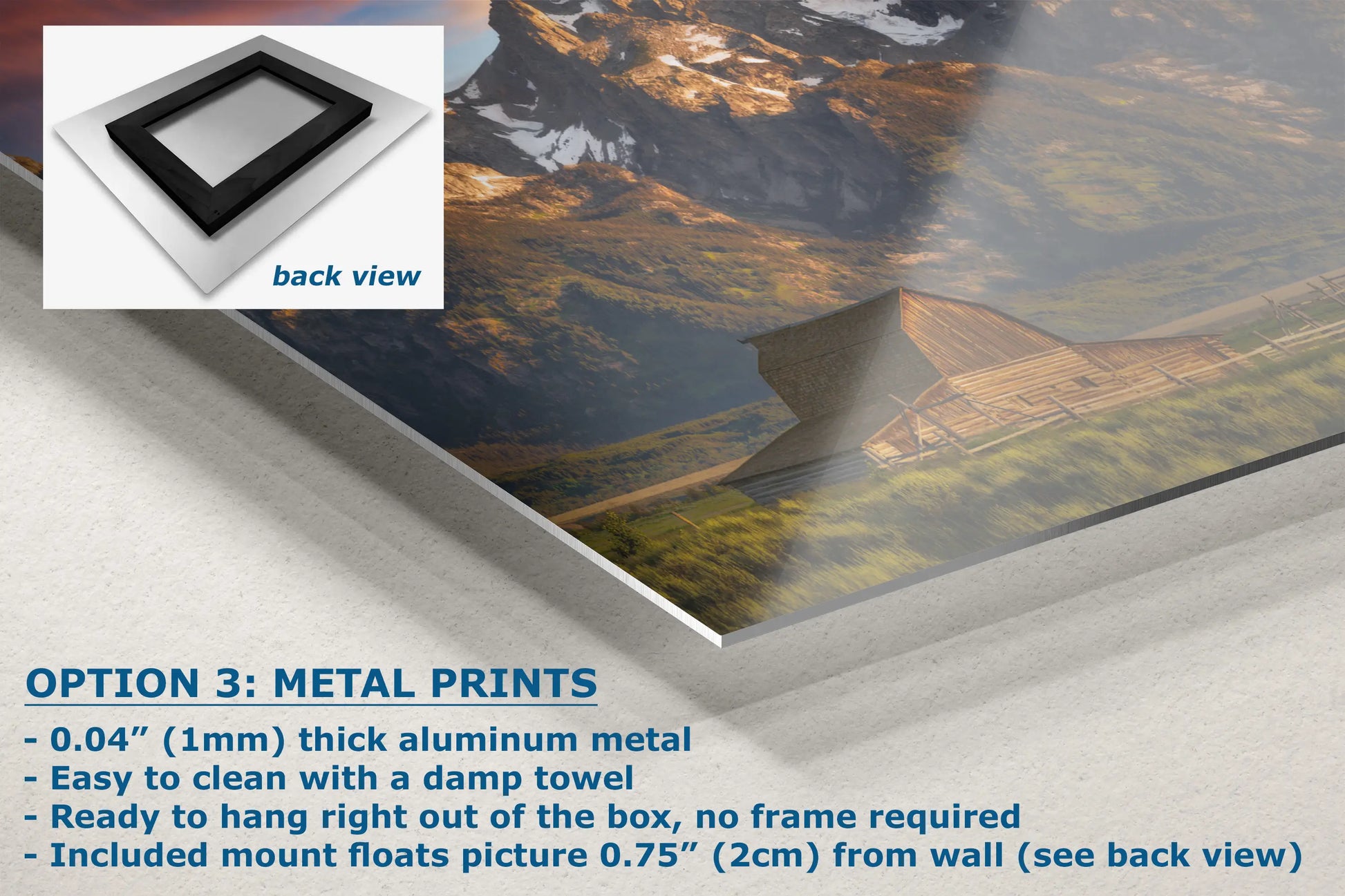 a picture of a mountain range with the text option 3 metal prints