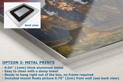 a picture of a mountain range with the text option 3 metal prints