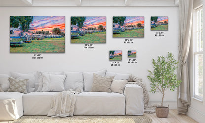 a living room with a white couch and paintings on the wall