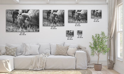 a living room with a white couch and three black and white pictures on the wall