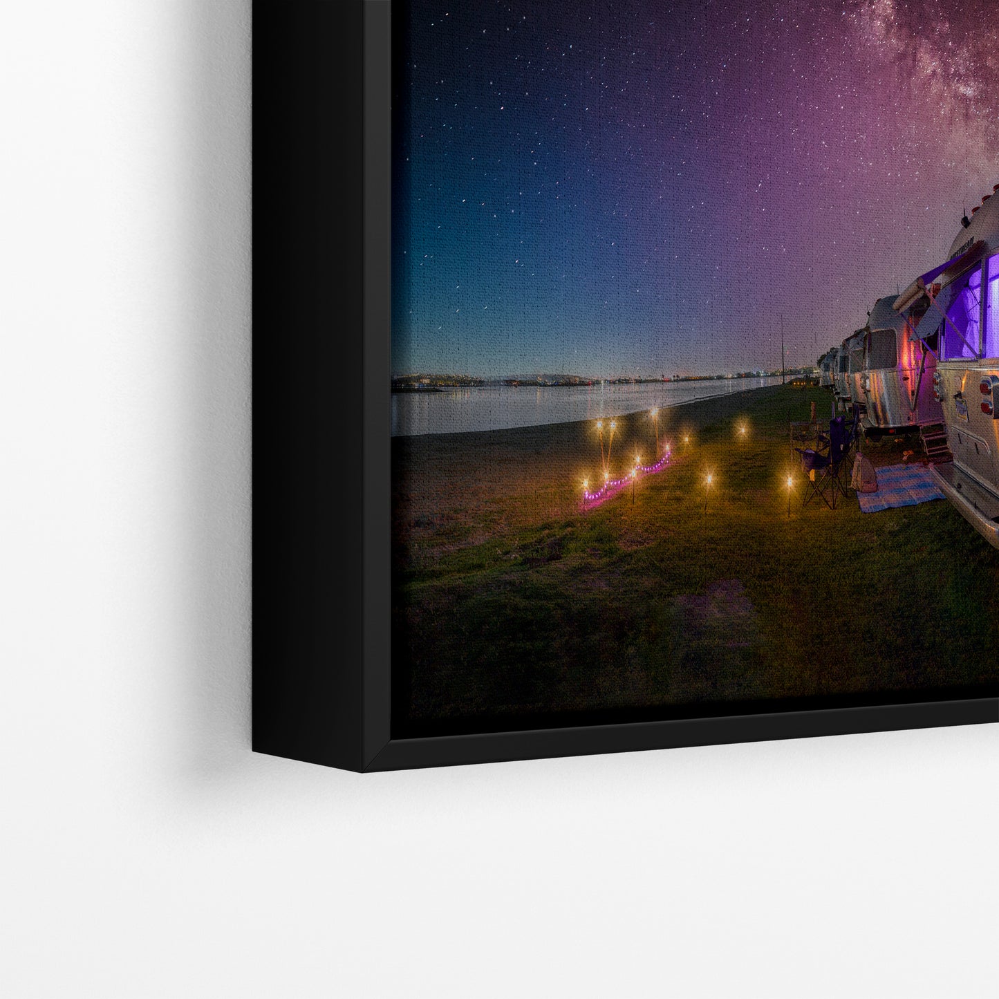 Airstream Travel Trailer Art Night Scene in San Diego, California Campsite Camping Decoration in Canvas, Paper, and Metal Wall Art