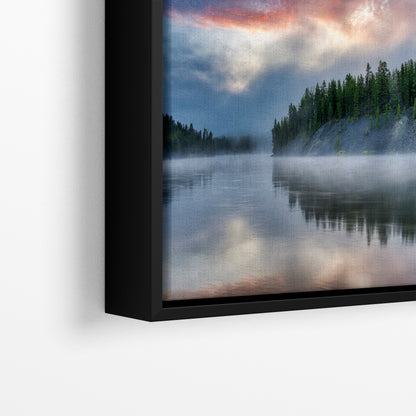 Yellowstone Lake Foggy Forest Picture, Reflection Nature Photo, Wyoming Landscape Relaxation Artwork for Meditation, Office & Home Decor