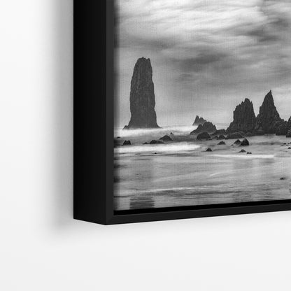Cannon Beach Oregon Coast Ocean Picture Nature Photo, Black and White Haystack Rocks, Coastal Beach House Decor for Ocean Lovers