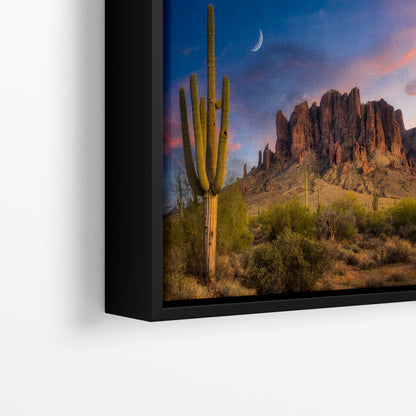 Arizona Desert Picture Sunset, Saguaro Cactus Artwork Nature Photo, Southwestern Wall Art of Superstition Mountains at Lost Dutchman State Park