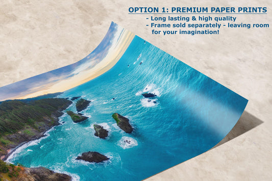 Aerial Oregon Coast Ocean Picture Panorama, Pacific Northwest Nature Photo Relaxation Artwork for Meditation, Apartment, Office & House Décor