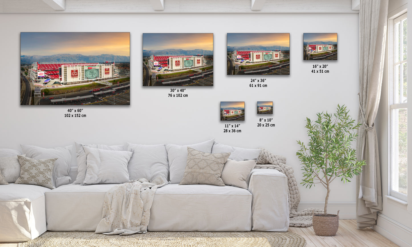 The image is a living room with a white sofa and a potted plant. There are five framed pictures of a stadium displayed on the wall, each with a different size and resolution. The pictures are arranged in a row, showcasing the stadium from various angles and perspectives.