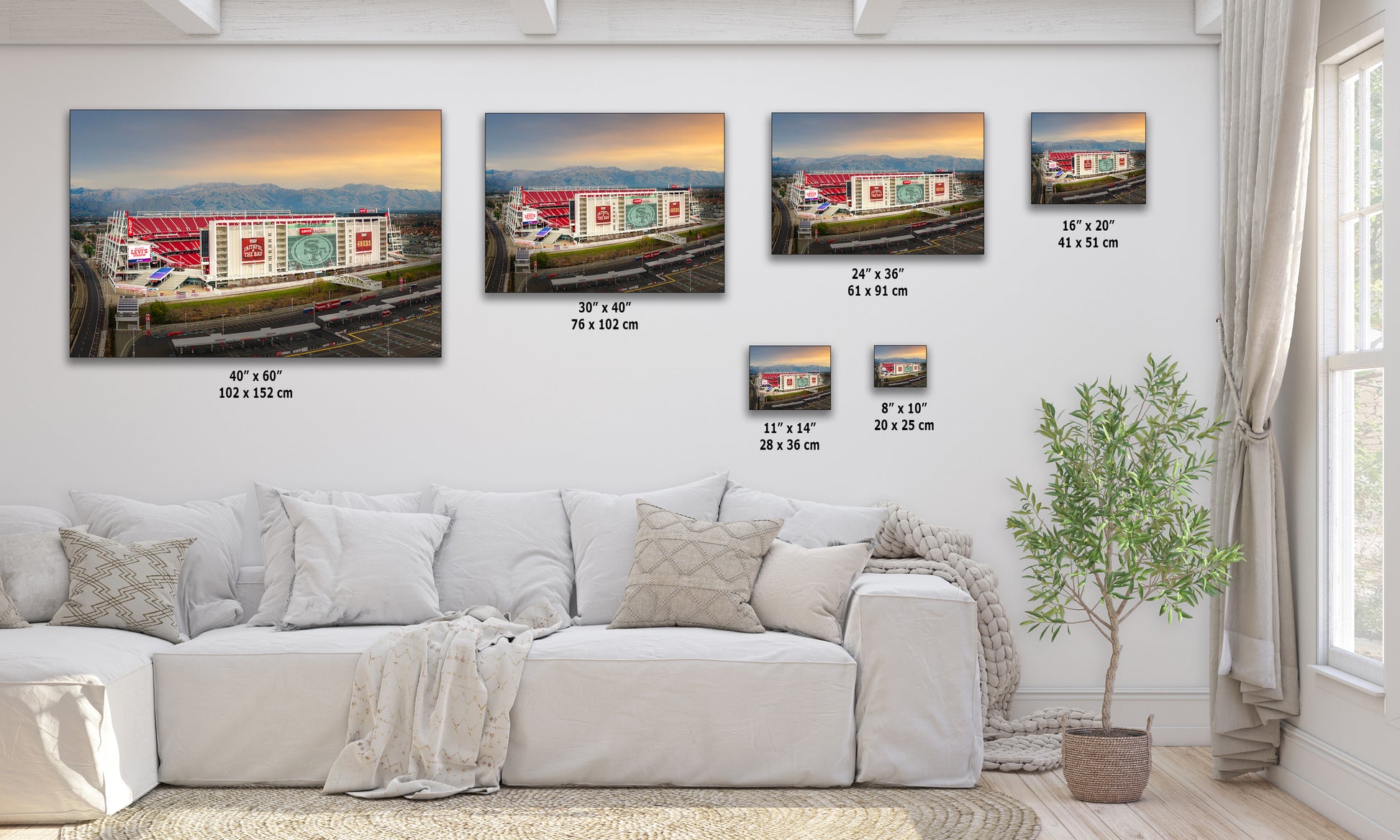 The image is a living room with a white sofa and a potted plant. There are five framed pictures of a stadium displayed on the wall, each with a different size and resolution. The pictures are arranged in a row, showcasing the stadium from various angles and perspectives.
