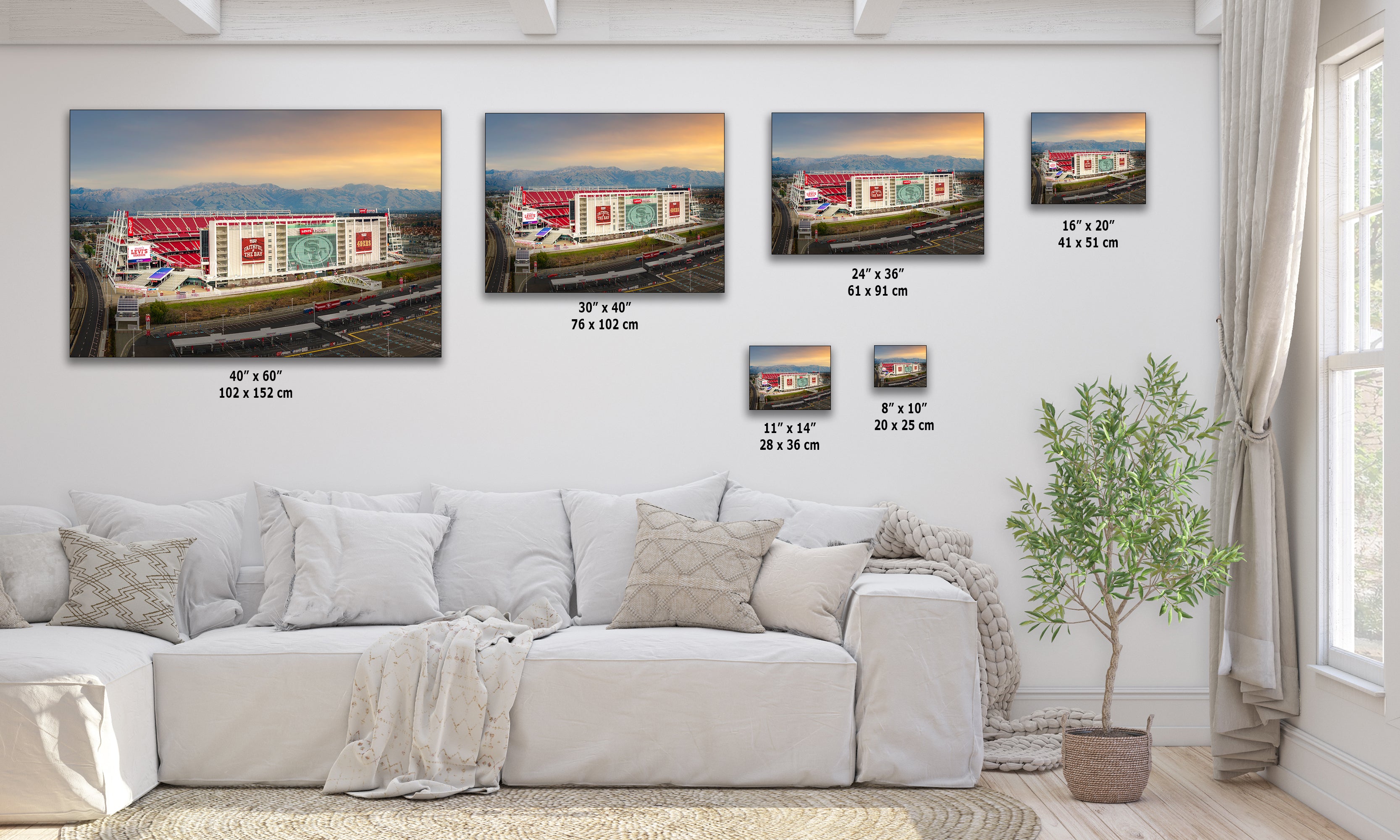 The image is a living room with a white sofa and a potted plant. There are five framed pictures of a stadium displayed on the wall, each with a different size and resolution. The pictures are arranged in a row, showcasing the stadium from various angles and perspectives.