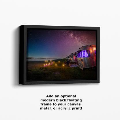 Airstream Travel Trailer Art Night Scene in San Diego, California Campsite Camping Decoration in Canvas, Paper, and Metal Wall Art