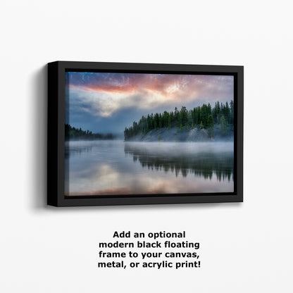 Yellowstone Lake Foggy Forest Picture, Reflection Nature Photo, Wyoming Landscape Relaxation Artwork for Meditation, Office & Home Decor