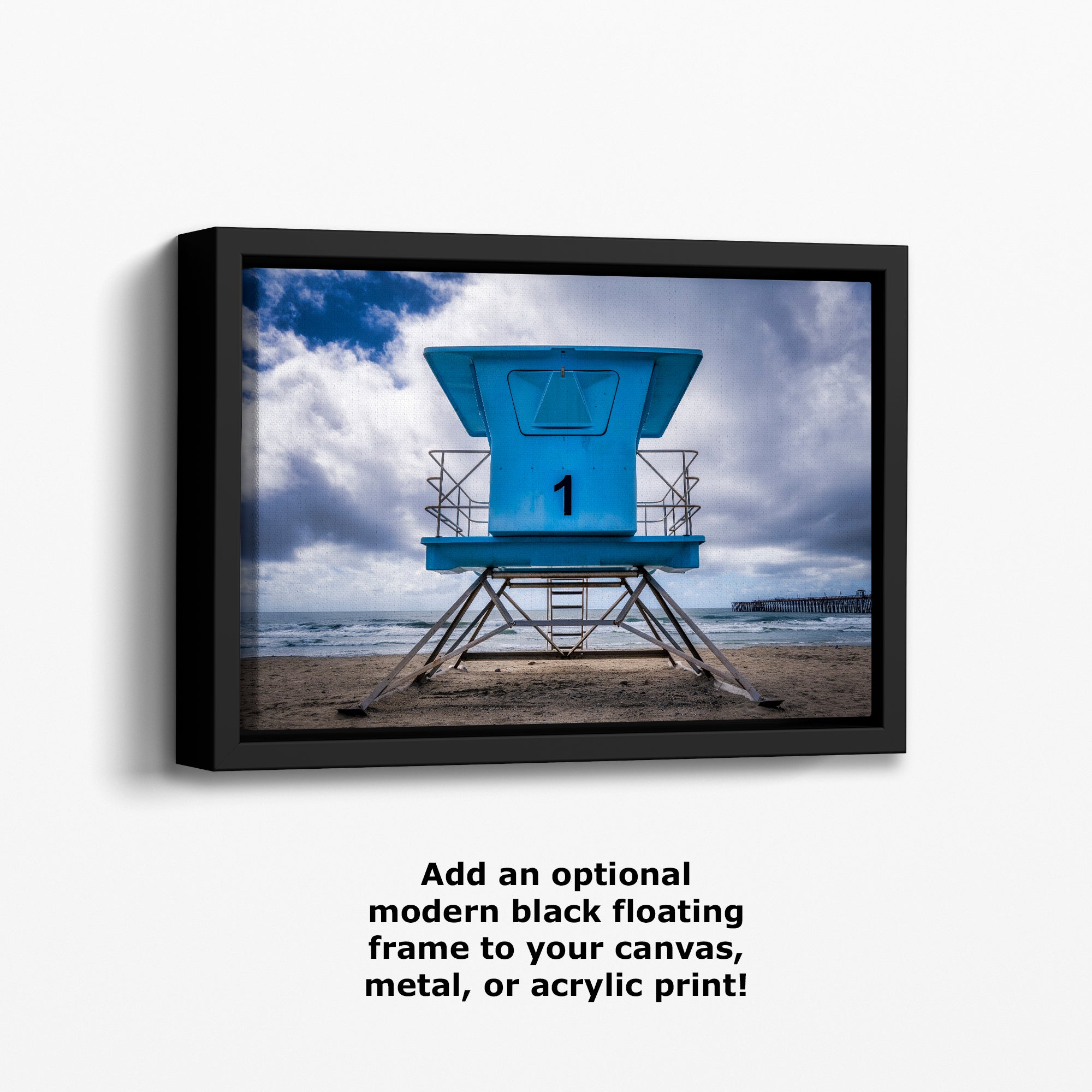 Southern California Coastline Lifeguard Tower Ocean Picture, Oceanside Pier Relaxation Artwork for Meditation, Office, Dorm, and House Decor