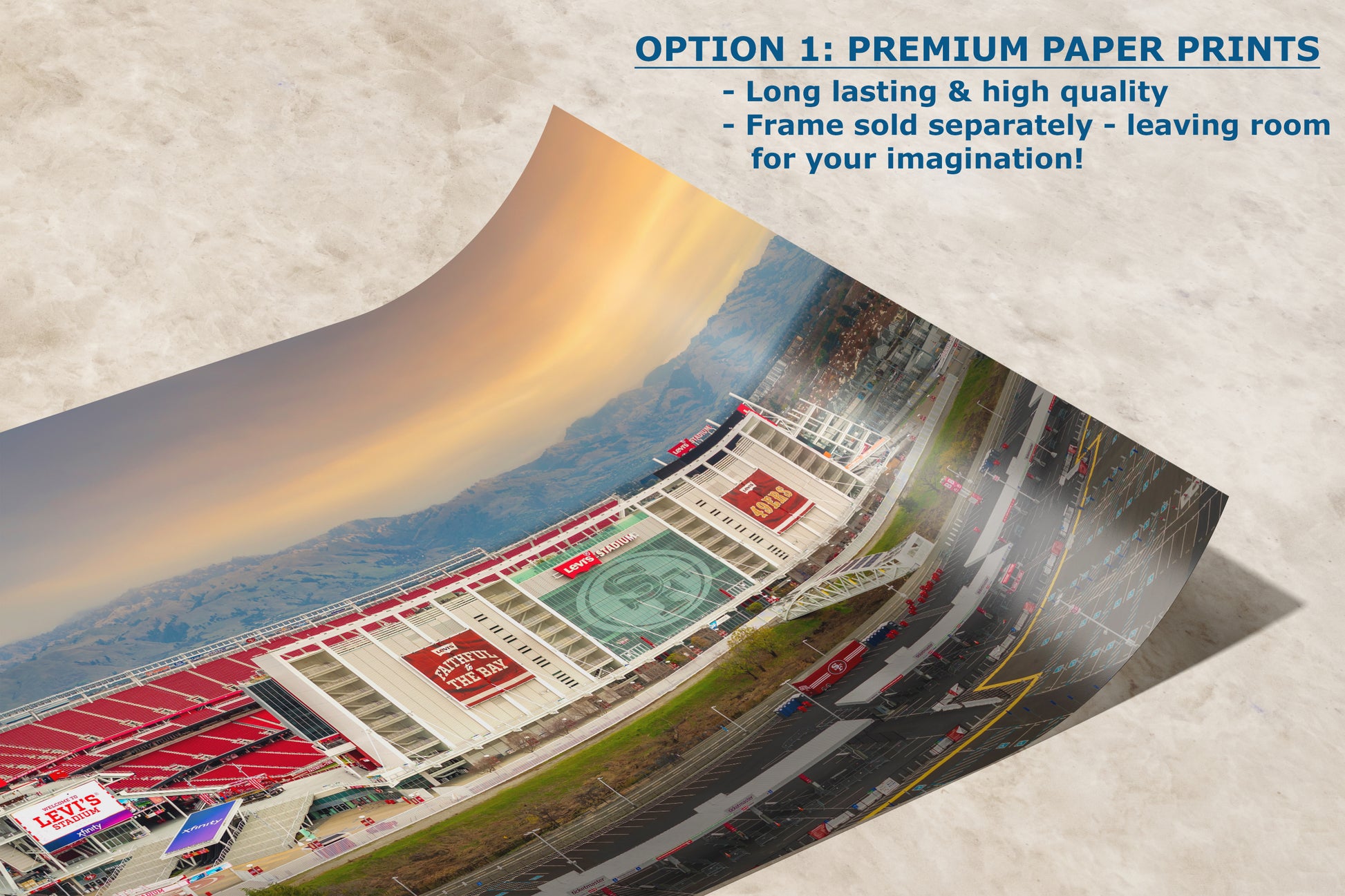 The image is a collage of multiple images, including a large stadium, a road, and a mountain range. The text above the image reads "Premium Paper Prints" and "Long lasting & high quality - Frame sold separately - leaving room for your imagination!"