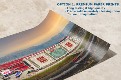 The image is a collage of multiple images, including a large stadium, a road, and a mountain range. The text above the image reads "Premium Paper Prints" and "Long lasting & high quality - Frame sold separately - leaving room for your imagination!"
