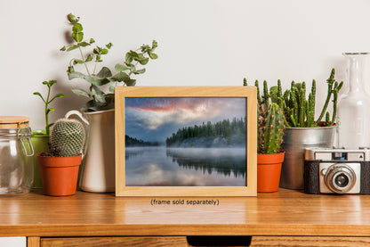 Yellowstone Lake Foggy Forest Picture, Reflection Nature Photo, Wyoming Landscape Relaxation Artwork for Meditation, Office & Home Decor