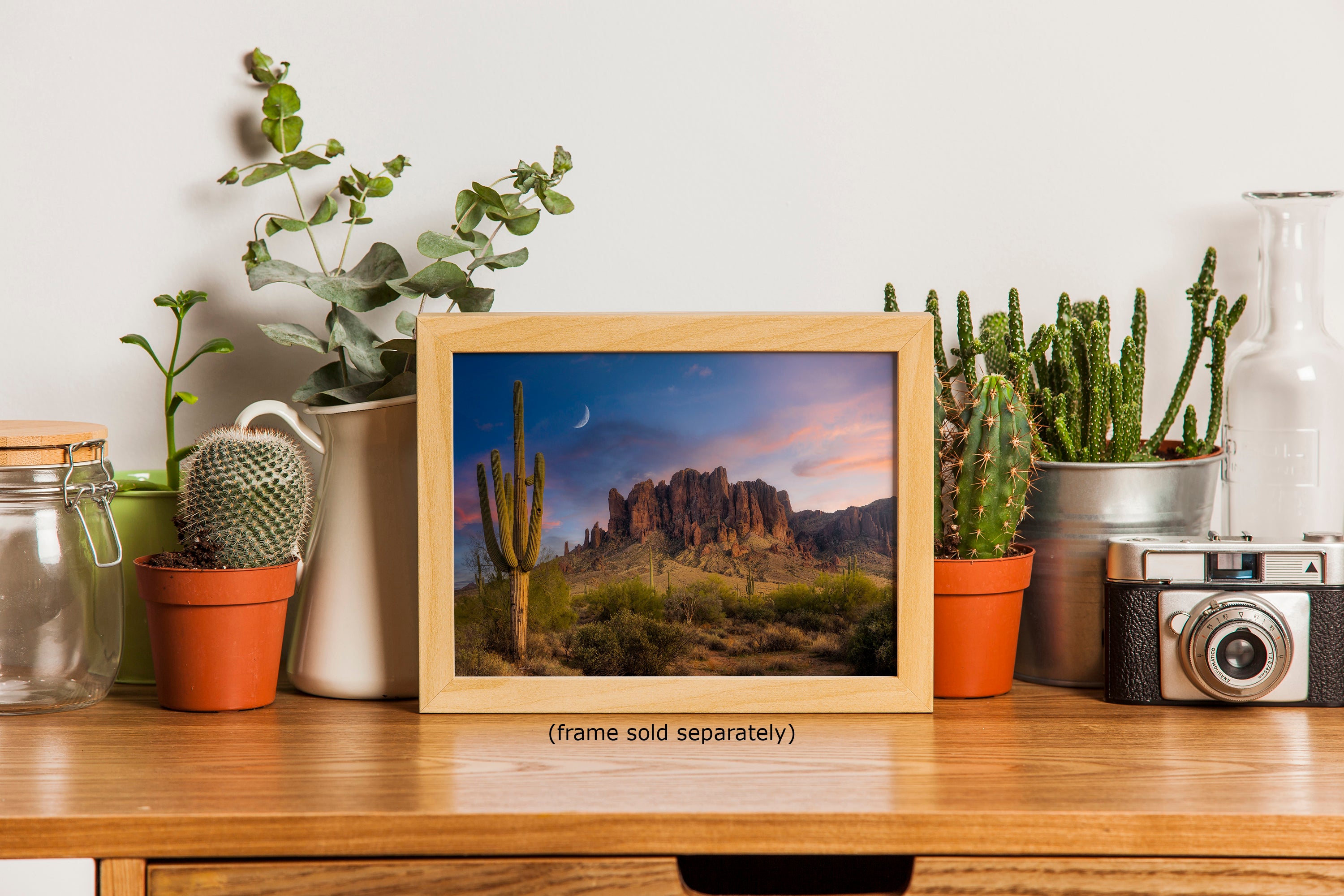 Arizona Desert Picture Sunset, Saguaro Cactus Artwork Nature Photo, Southwestern Wall Art of Superstition Mountains at Lost Dutchman State Park