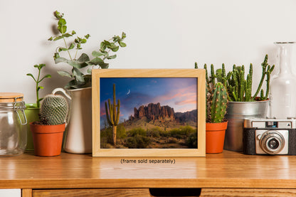 Arizona Desert Picture Sunset, Saguaro Cactus Artwork Nature Photo, Southwestern Wall Art of Superstition Mountains at Lost Dutchman State Park