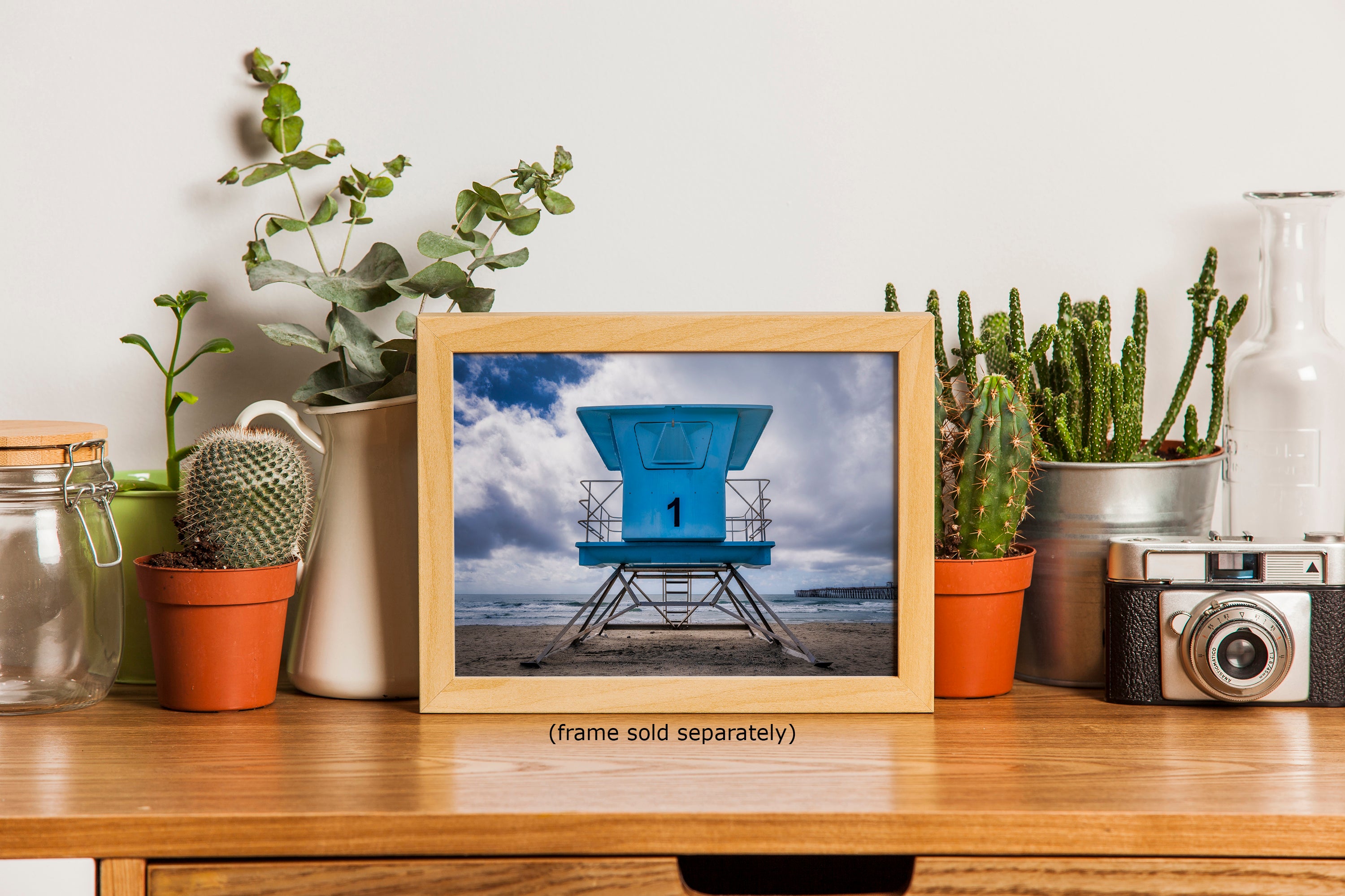 Southern California Coastline Lifeguard Tower Ocean Picture, Oceanside Pier Relaxation Artwork for Meditation, Office, Dorm, and House Decor