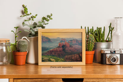 Cathedral Rock Aerial Sunrise, Sedona Arizona Desert Picture Nature Photo Relaxation Artwork for Meditation, Office, and House Decor