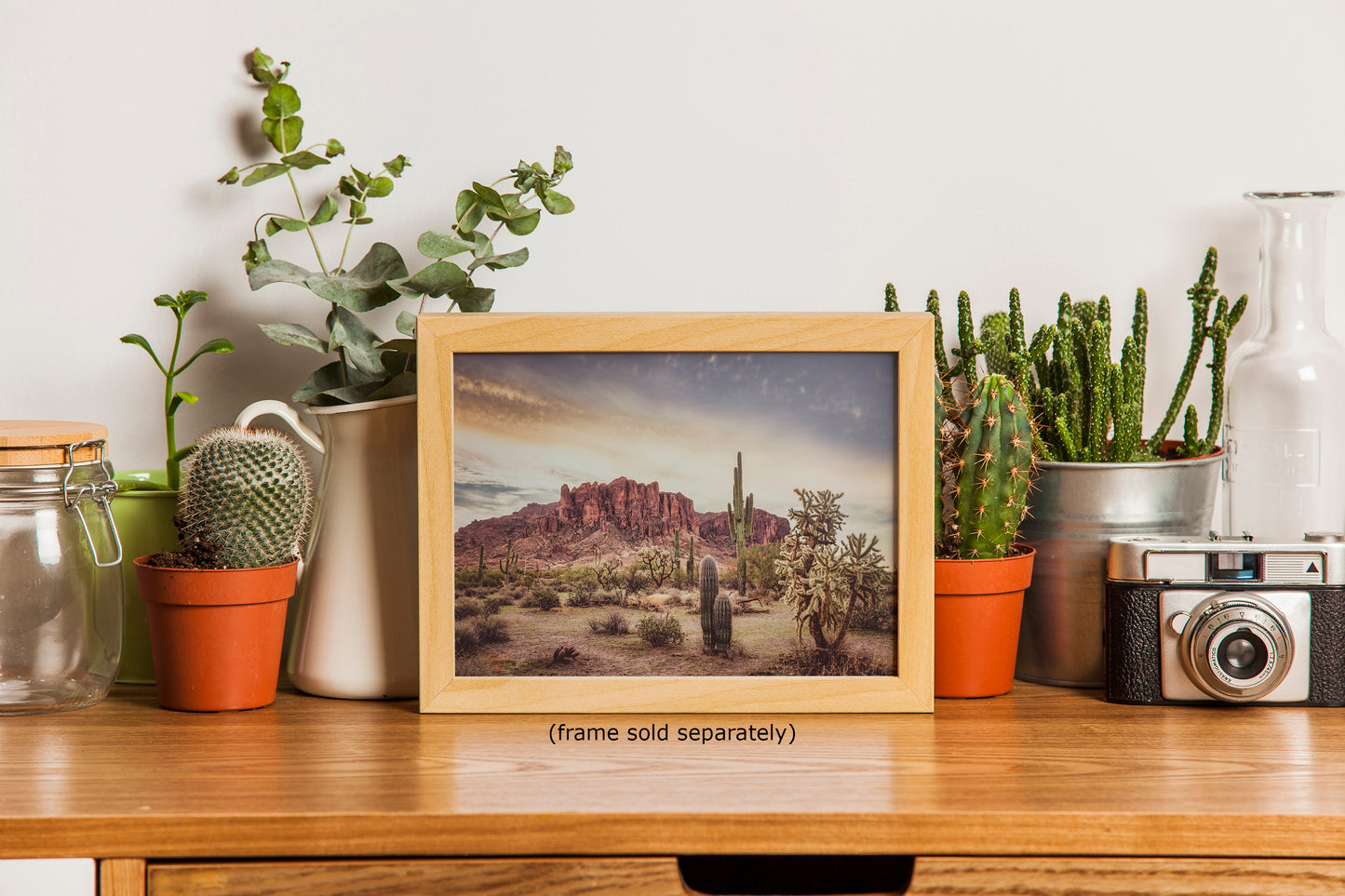 Arizona Desert Picture, Vintage Saguaro Cactus Artwork Nature Photo, Southwestern Wall Art of Superstition Mountains at Lost Dutchman State Park